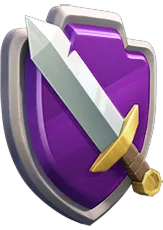 Purple badge with sword across it, at a skewed angle